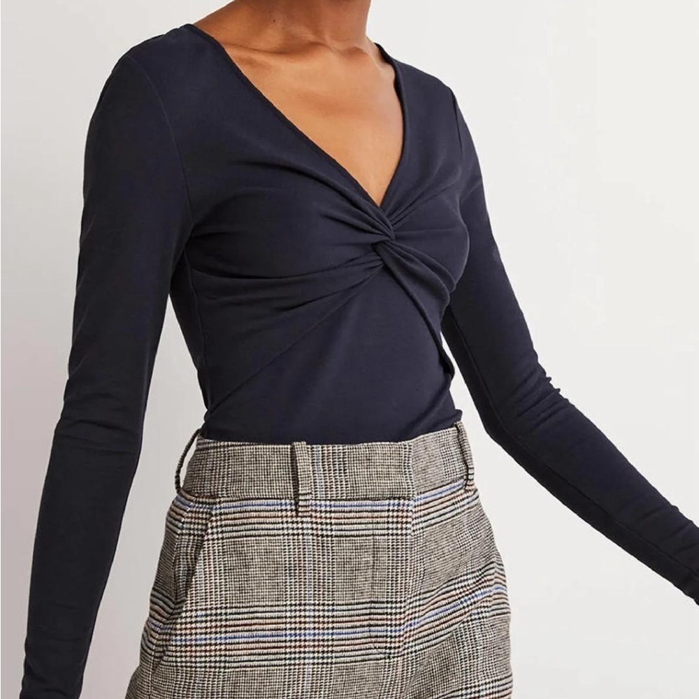 BODEN Ponte Twist Front Blue Long Sleeve VNeck Jersey Blouse Shirt Top